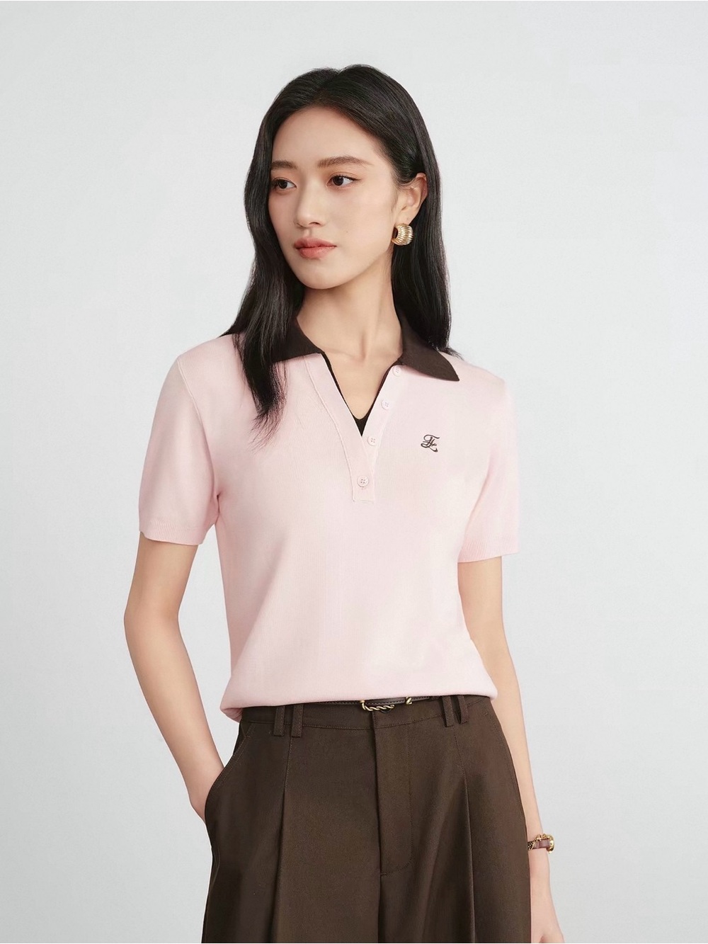 Brand New Eifini Women’s Pink Knit Polo Sweater Short Sleeve Silk Blend Size L